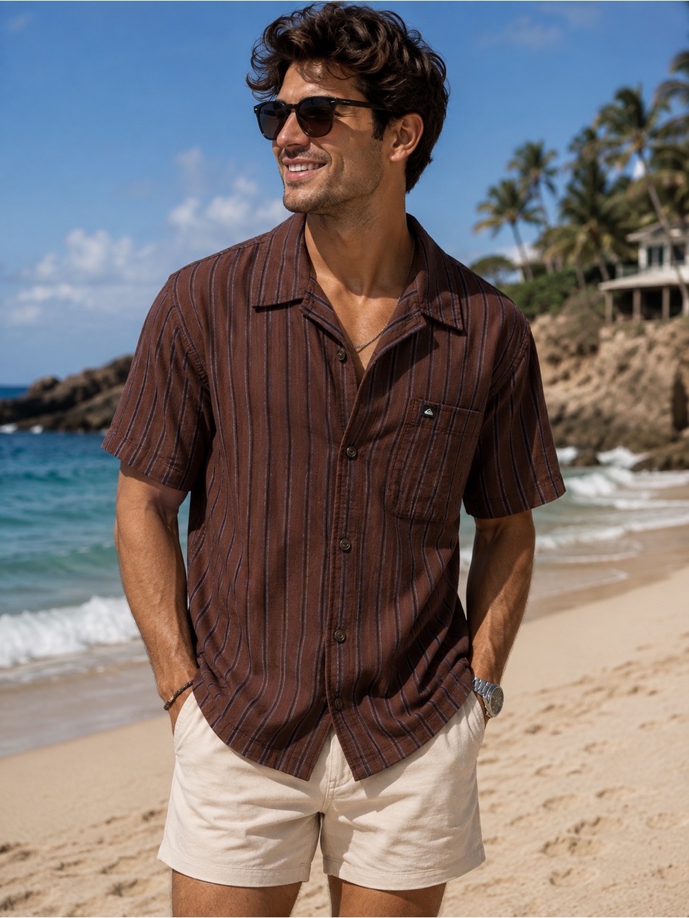 Quiksilver Brown Striped Short-Sleeve Shirt
